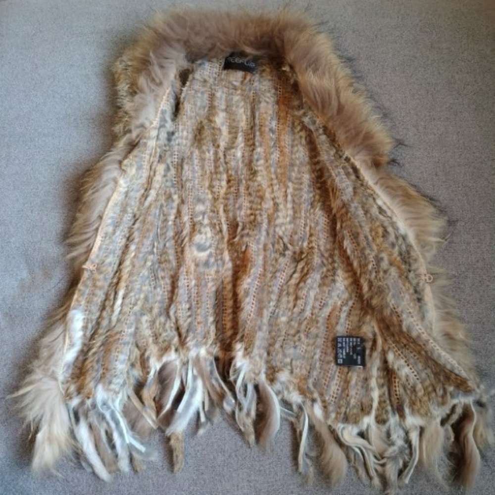 Meefur Rabbit Raccoon Hair Fur Vest Womens L Brown Long Fringe Twilight Victoria - Picture 11 of 15